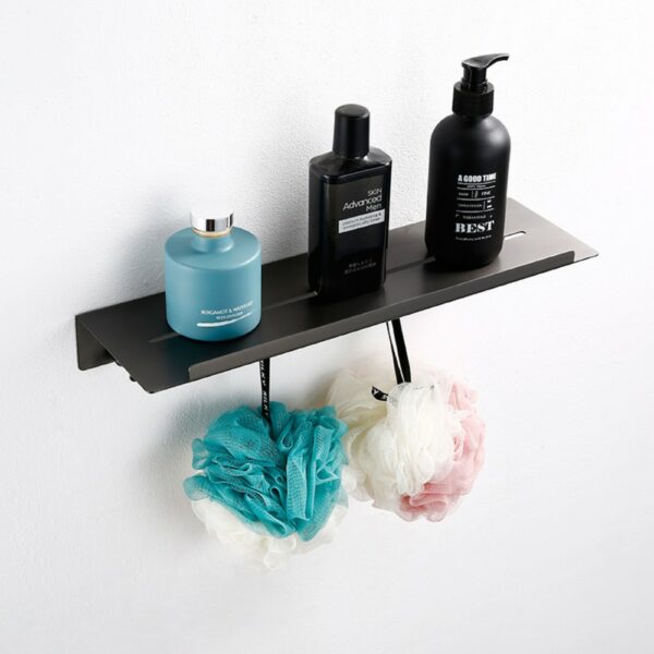 Wall Mount Square Grey Bathroom Shelf With Hooks - 图片 3