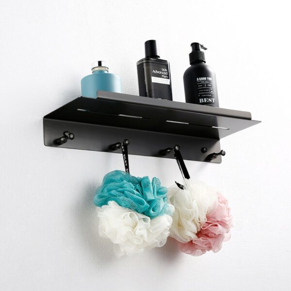 Wall Mount Square Grey Bathroom Shelf With Hooks - 图片 4