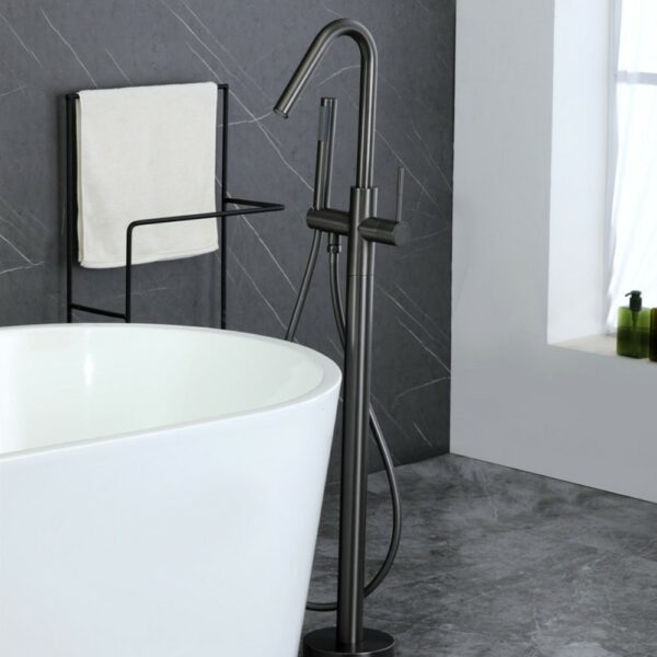 Arc-shaped Freestanding Tub Filler With Hand Shower Swivel Spout - Imagen 4
